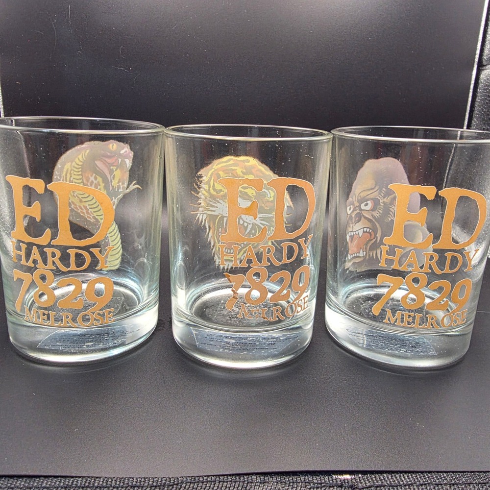 Ed Hardy Whiskey Glasses Set of 3 Clear Gold Tattoo Art Tiger Cobra Gorilla Good - Picture 5 of 8